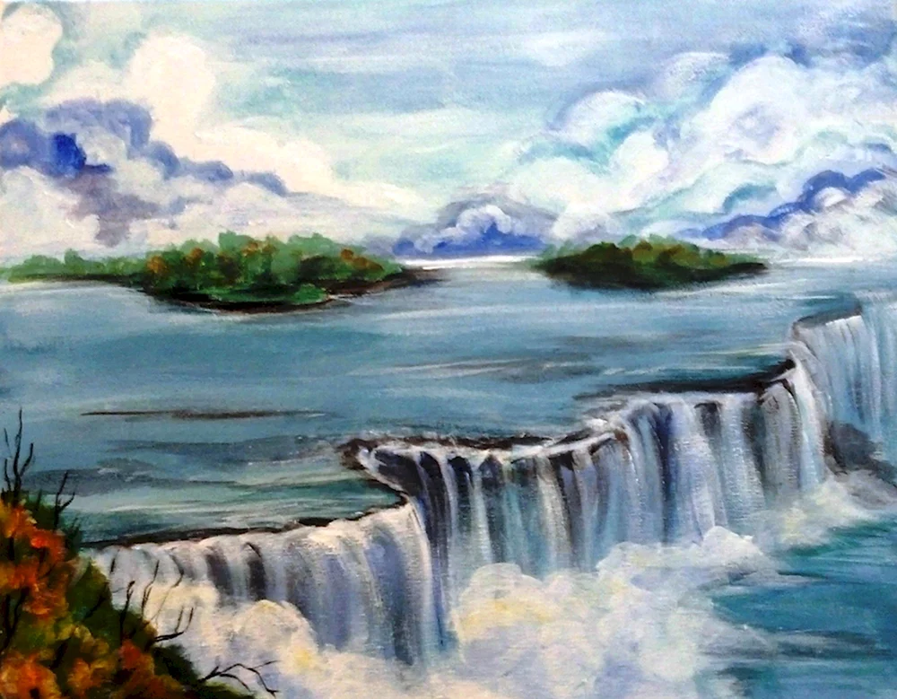 Правополушарное рисование водопад в горах